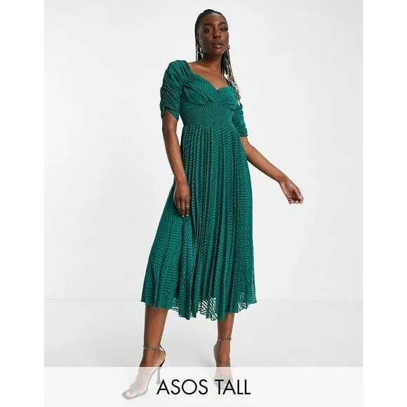 ASOS Ruched Waist Pleated Midi Dress Green Striped Sz 14 - Picture 11 of 14